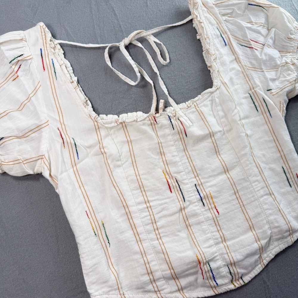 Free People Top Womens M Ivory Rainbow Stripe Smocked Puff Sleeve Whimsical - Picture 4 of 10